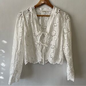 Blenca White Cotton Eyelet Top Tie Front Cropped Boho
